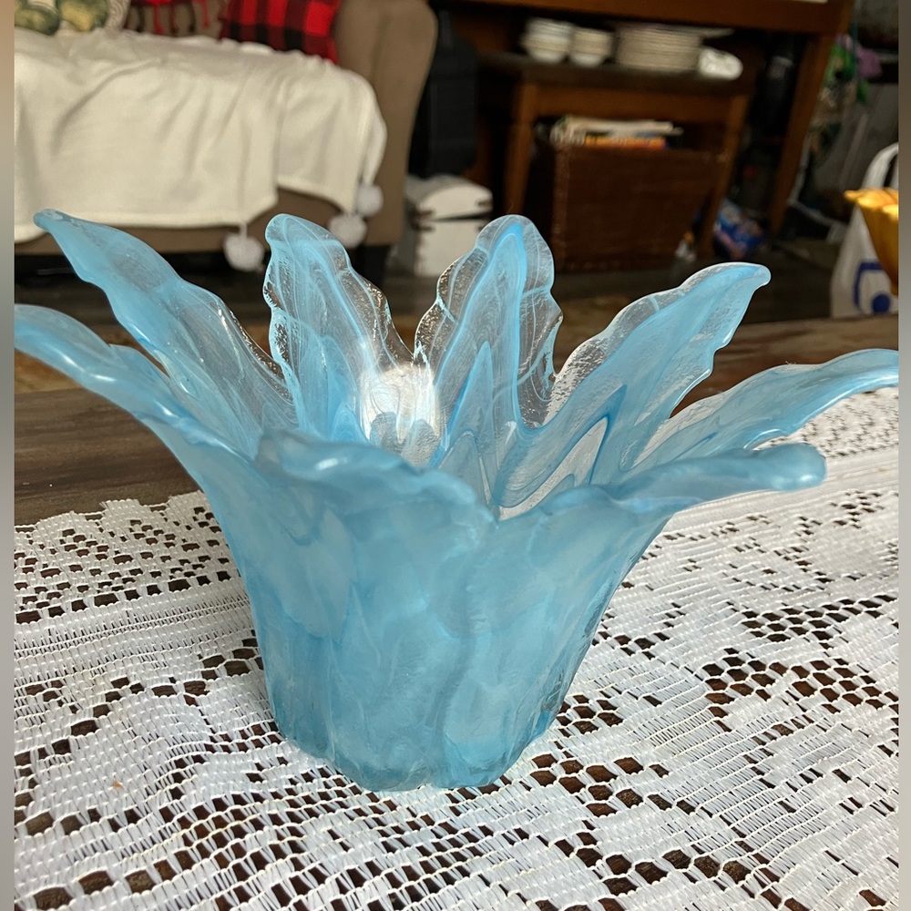 Murano Vetro Eseguito Italy Hand Blown Art Glass Blue Swirl Dish Bowl 7"